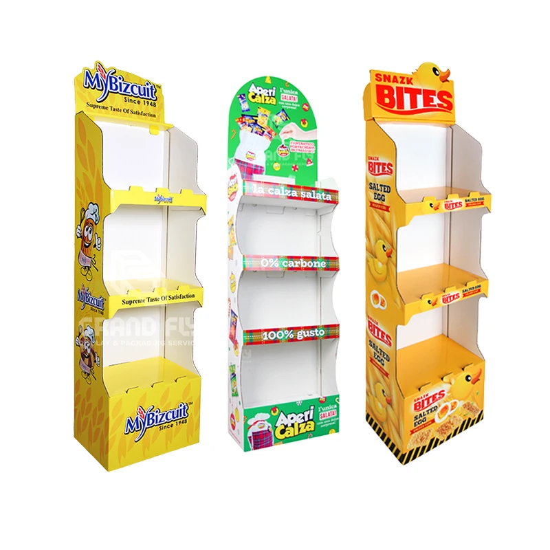 Custom Eco-friendly Advertising Snack Cardboard Display Stand Bread Corrugated Floor Display Shelf Potato Chips Biscuit Retail