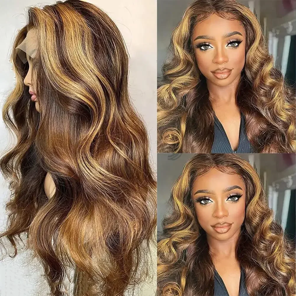 Perruque Lace Front Wig Body Wave en cheveux humains avec reflets ombrés, sans colle, blond miel_voghion.com