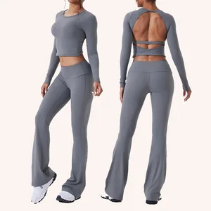 Nylon Round Neck Long Sleeve Yoga Set Back Hollow Hip Lifting Support Customized Logo Workout Clothes Sports Set for Women