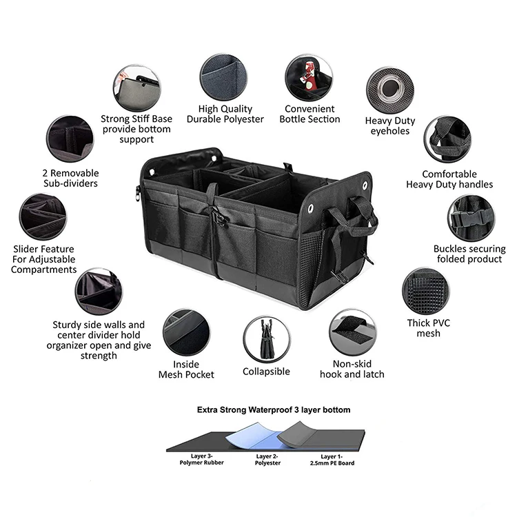 Adjustable 1 to 4 Compartments for Most Vehicle Foldable Tidy Auto Storage Bag Large Car Trunk Organizer,Heavy Duty Jumbo Shopping Organization with Removable Septum INNO STAGE Car Boot Organiser
