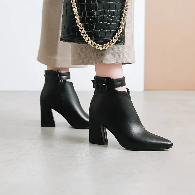 Ladies Brown Leather Elegant Pointed Toe Big Size Buckle Strap V-cut Opening Zipper High Heels Ankle Boots - Image 6