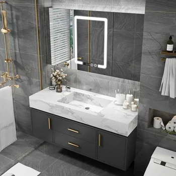 Design Antique Waterproof Furniture Solid Wood Hotel Sinks Washbasin Bathroom Marble Cabinet Vanity Set for Sale