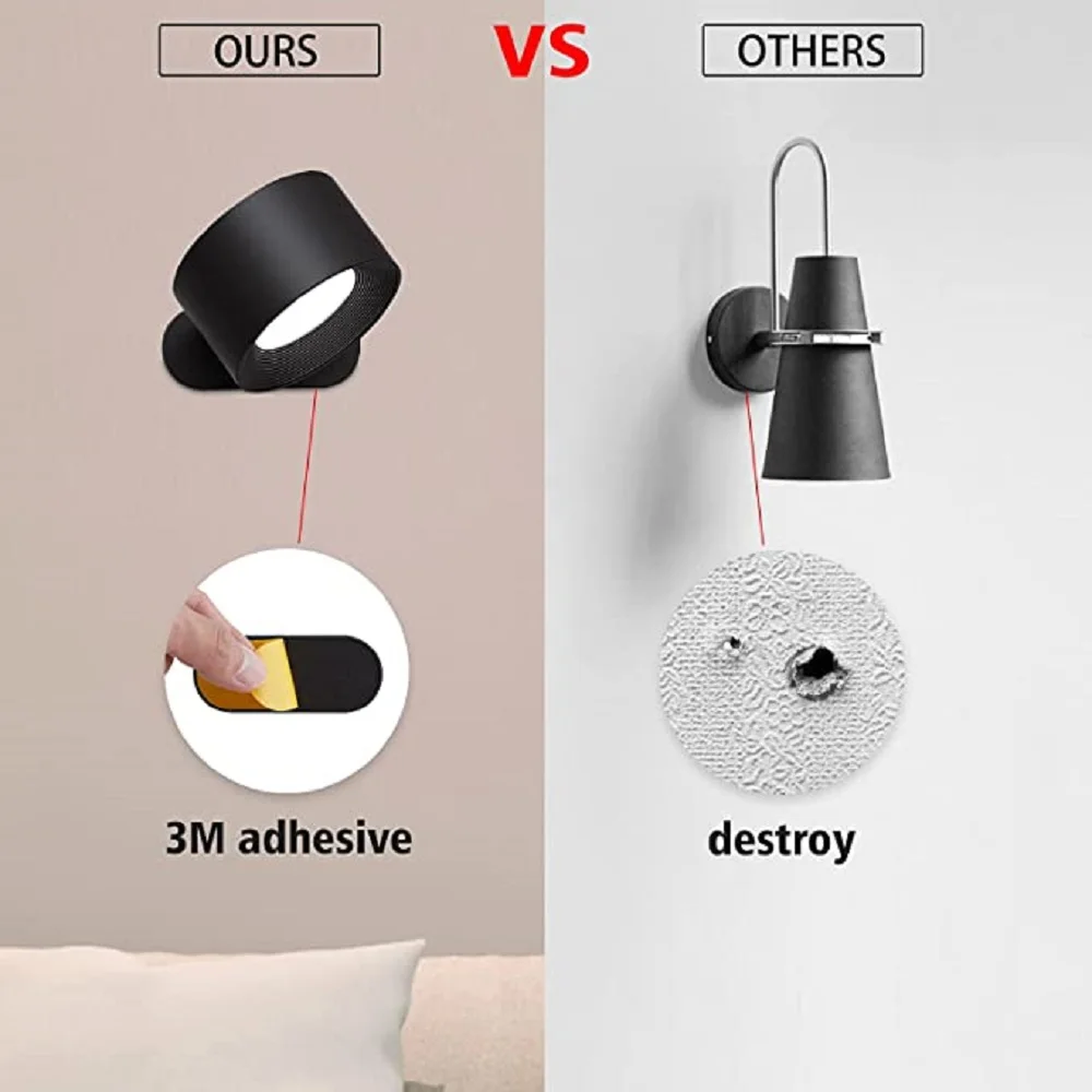 New USB Rechargeable 360 Degree Rotate Magnetic Wall Lamp Touch Control LED Mounted Reading Wall Light for Bedroom