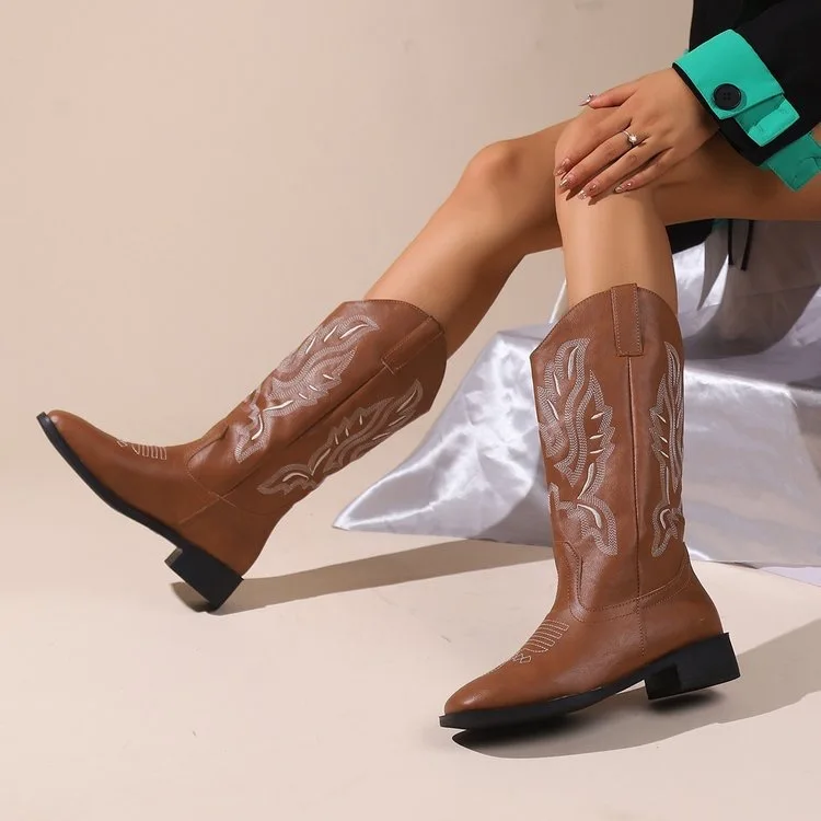Bottes de Cowboy Mi-Mollet pour Femmes Vintage Marron Couleur Unie Bottes Western Cowgirl pour Moto Travail