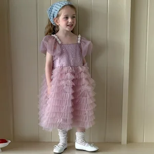 Lovely Pink Girls Princess Dress Summer Cake Ball Gown ODM Children's Glitter Bubble Sleeves Tutu Dress