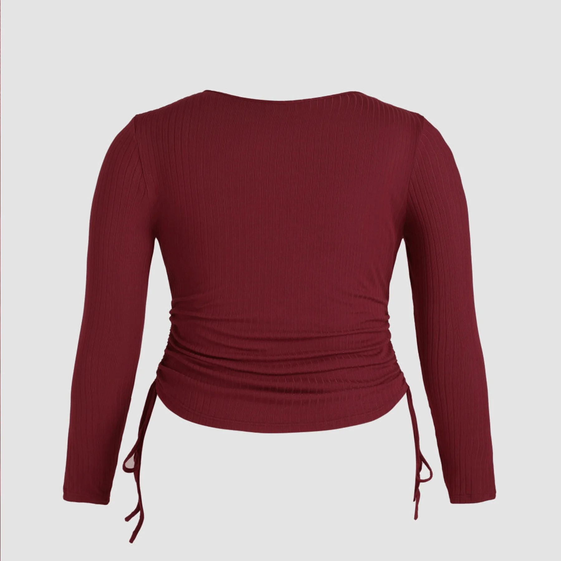 V-Neck Plain Twist Long Sleeve Grey Plus Size Tops
