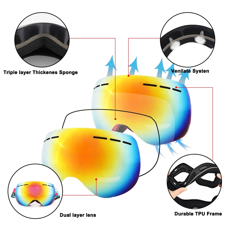 Uv400 Interchangeable Lens Custom Ski Goggles Tpu Mirror Frame Sports