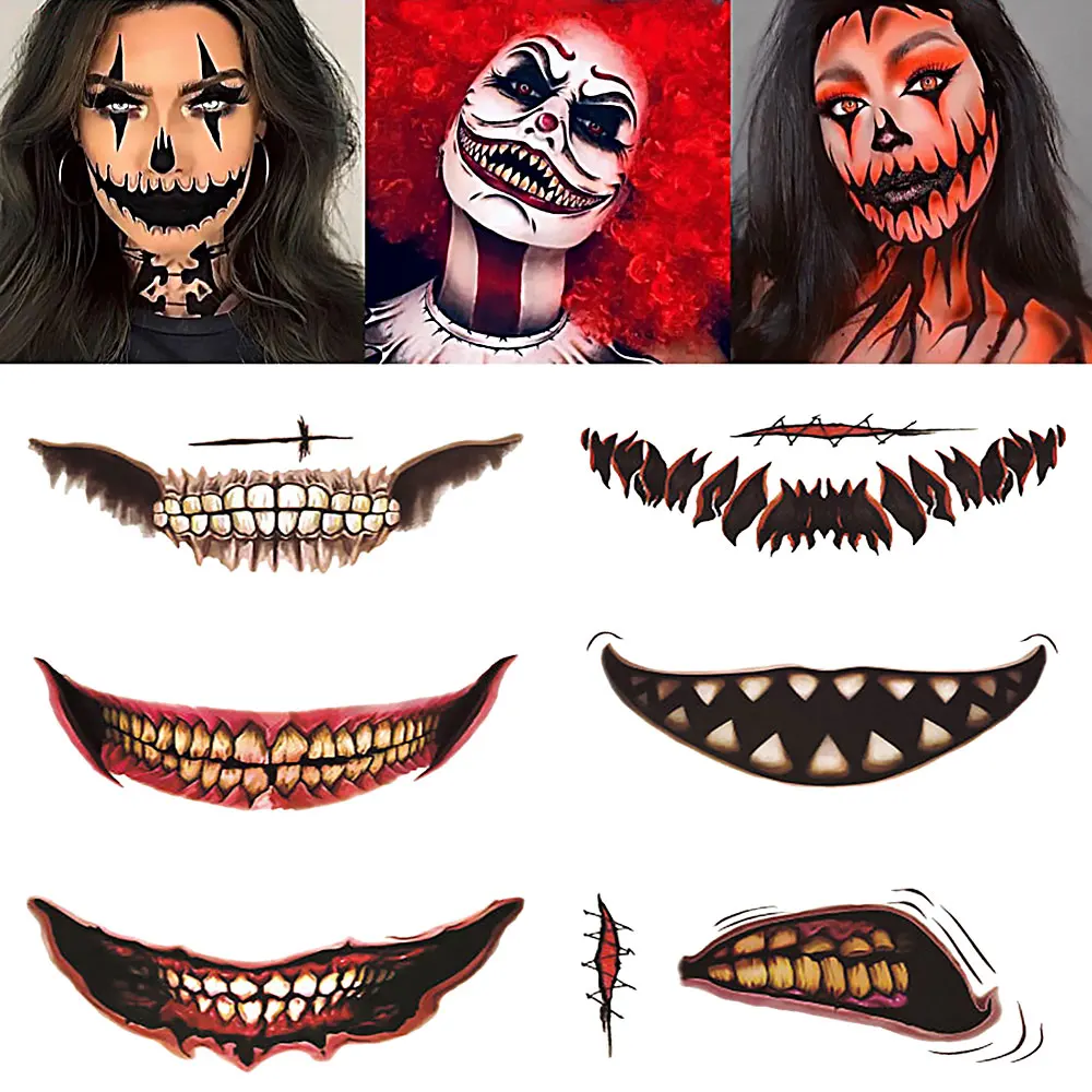 12pcs DIY Halloween Clown Scary Mouth Tattoo Transfer Stickers Waterproof Sweat-proof Good Breath-ability 3-5 Days Durability