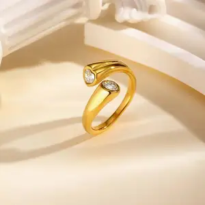 Simple Design Open Adjustable Finger Ring Love Heart Zircon Inlaid Stainless Steel Gold Plated Finger Rings for Women Girls