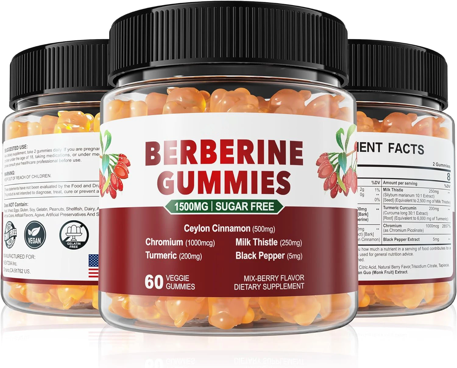 Ceylon Cinnamon Chromium Turmeric Milk Thistle Black Pepper Sugar Free Berberine Gummies Sugar