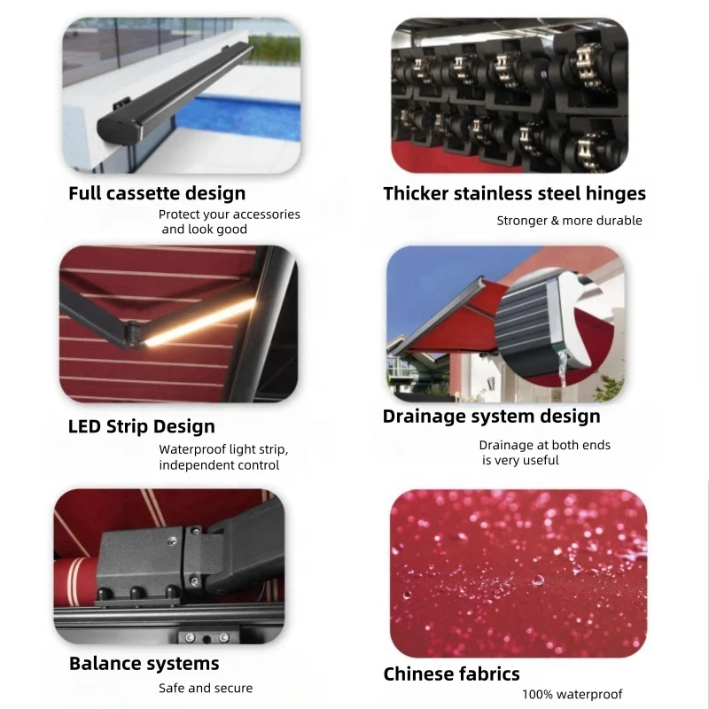 Custom Remote Control Retractable Full Cassette Motorized Awning for Outdoor Patio Balcony Swimming Pool Garden Stores