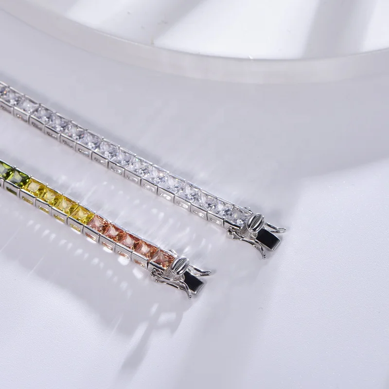 925 Sterling Silver Alternating AAA Cubic Zircon Tennis Bracelet 7.5" Rainbow Diamond Cuff Tennis Bracelet