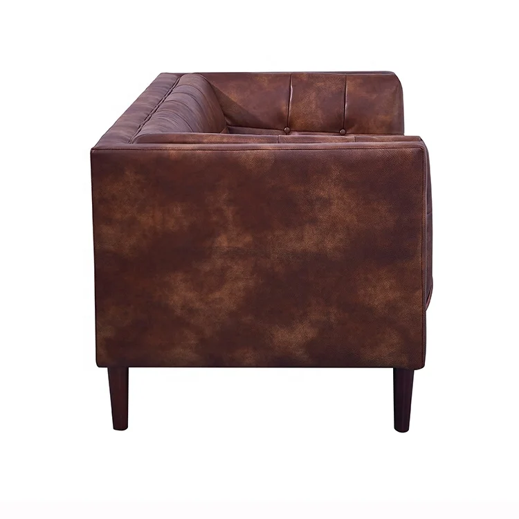 Modern Lounge Design Furniture Brown Leather Loveseat Sofa Living Room Wooden Sofa