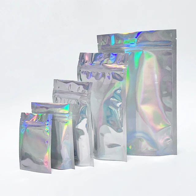 holographic mylar bag plastic ziplock stand up pouch clear one side transparent smell proof bag