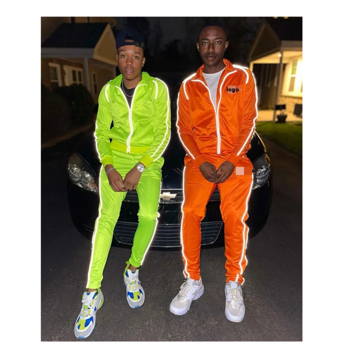 Custom Embroidery Logo 3M Reflective Stripe Tracksuit Zipper Nylon  Polyester Jogger Set Two Piece Slim Fit Track Suit for Men