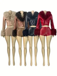Dropshipping New Arrivals S-2XL 2026 Wholesale Autumn Fall Winter Pu Leather 2 Piece Set Women