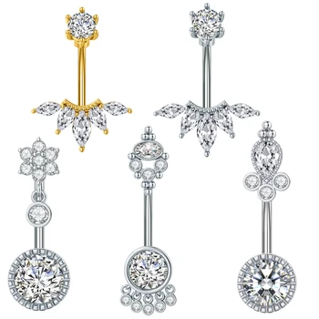 10Pcs/Set 316L Surgical Steel Zircon 14GBelly Button Ring Shinny Zircon Round Flower Navel Ring  Fashion Body Piercing Jewelry