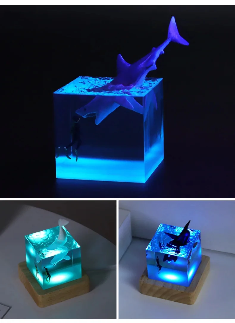 Creative Transparent Multi Color Ocean Shark Atmosphere Table Lamp Solid Wood Resin Desktop Epoxy Resin Lamps