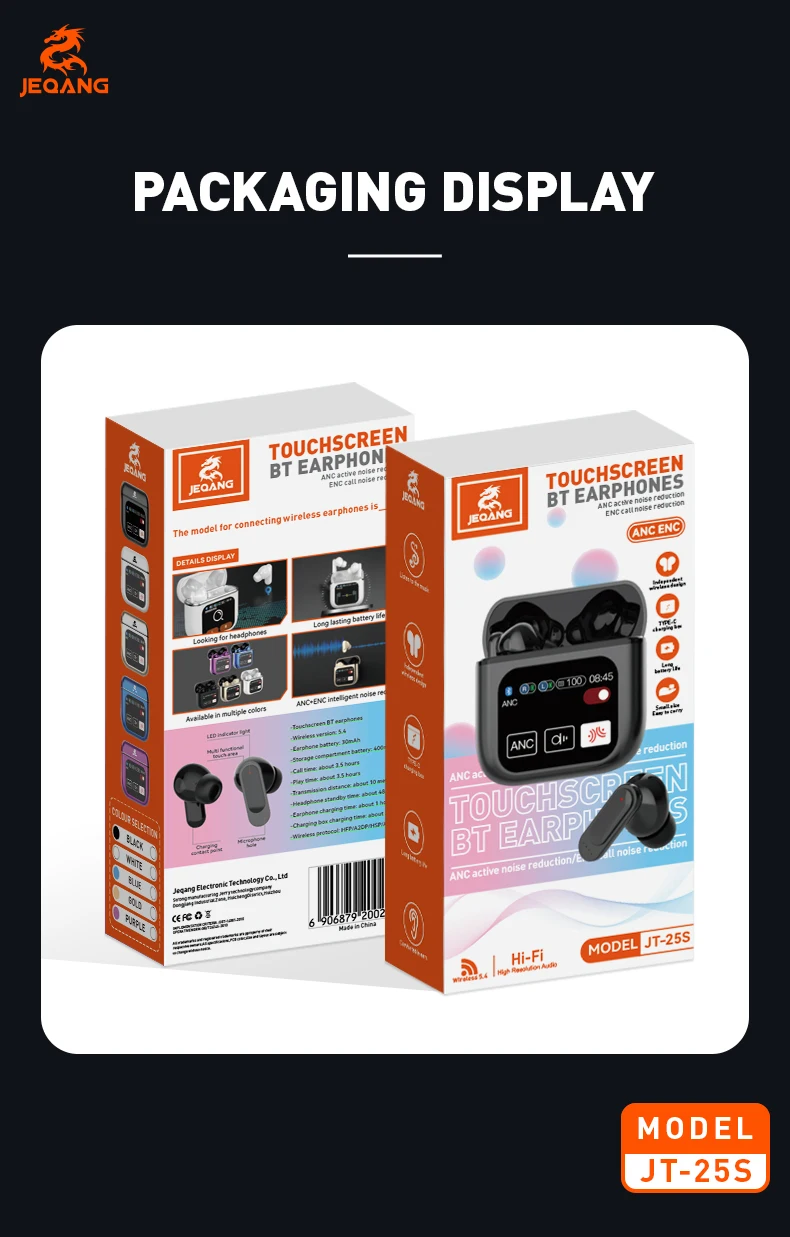 Jeqang-25S TWS LED Digital Display In-Ear for BT Earphones with ENC ANC Waterproof Function and Large Screen Display