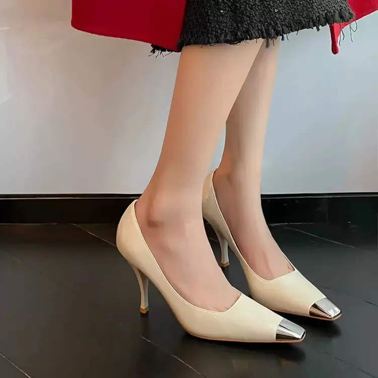 Ladies Genuine Leather Pumps Square Metal Toe Elegant Thin Heels Women High Heels - Image 6