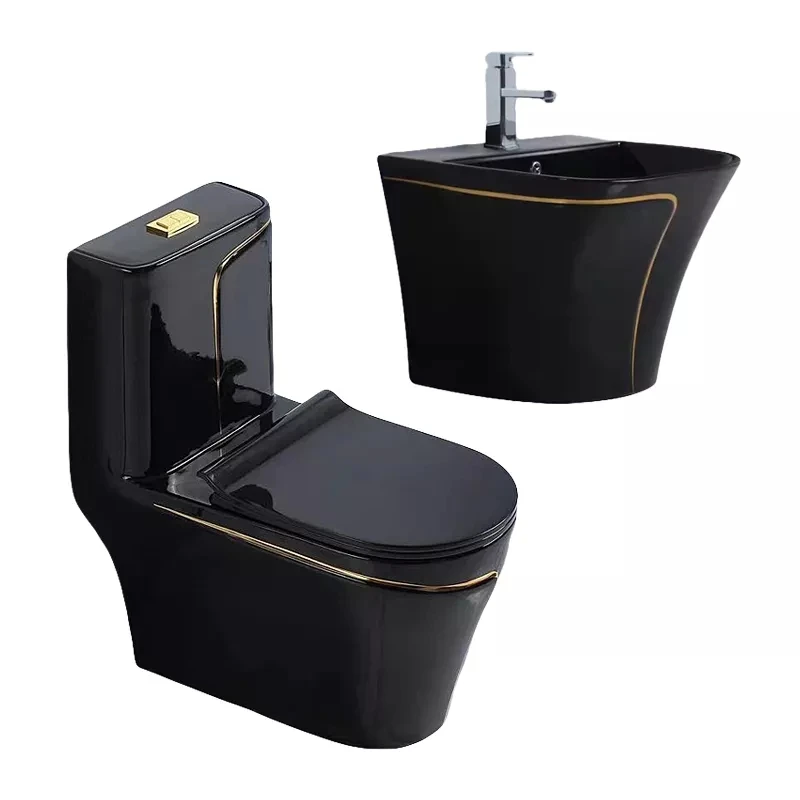 Modern luxury color trap/p trap inodoro bathroom porcelain commode wc sanitary ware one piece ceramic toilet bowl with gold line details