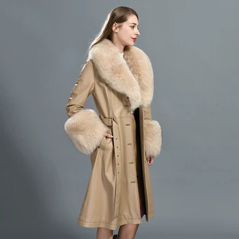 Wholesale Genuine Women Fox Fur Cuff Long Belt Leather Coat