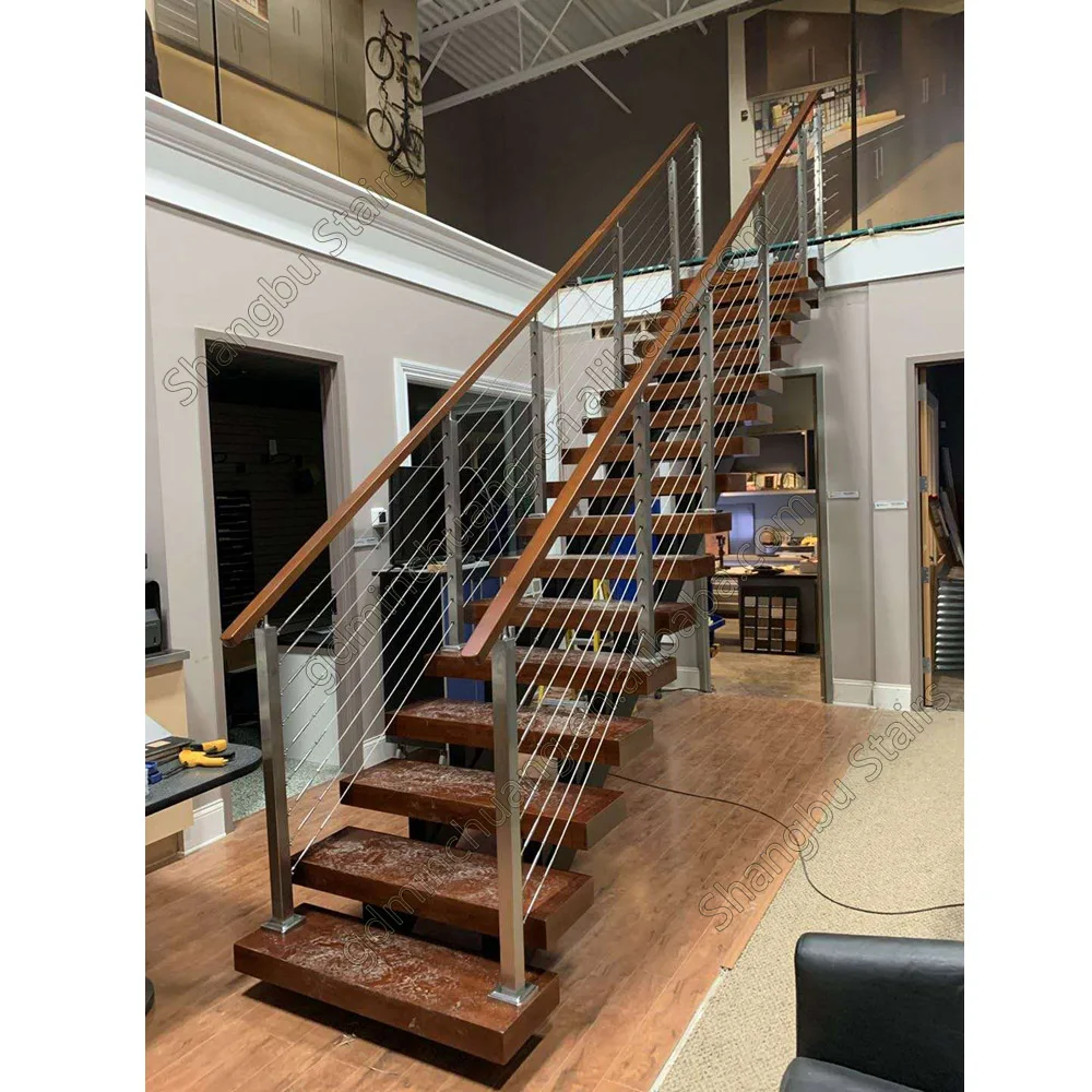 Decorative Double Stringer Straight Stairs with Cable Railing and Oak Treads