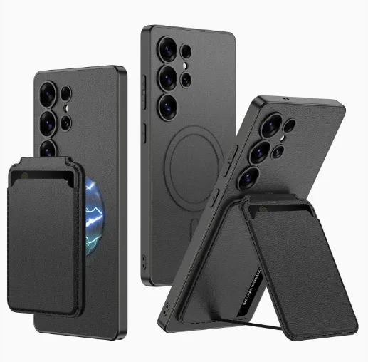Factory Wholesale Business Plain Leather Built-in Magnetic Charging Card Holder Phone case for Samsung S25 S24 S23 ultra