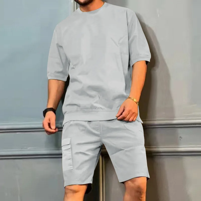 Wholesale Mens Tracksuit Solid Color Crew Neck Short Sleeve Shorts Joggers Plus Size men's sets766_voghion.com