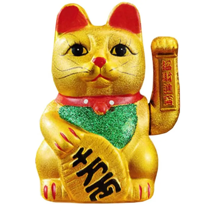 Large 5.5" Lucky Cat Maneki Neko Beckoning Fortune Gold Solar Toy Feng Shui Deco 