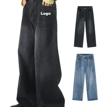 Spring Wholesale Dark Blue Fashion Denim 100% Cotton Washed Straight Wide Leg Plus Size Men Baggy Jeans Pants