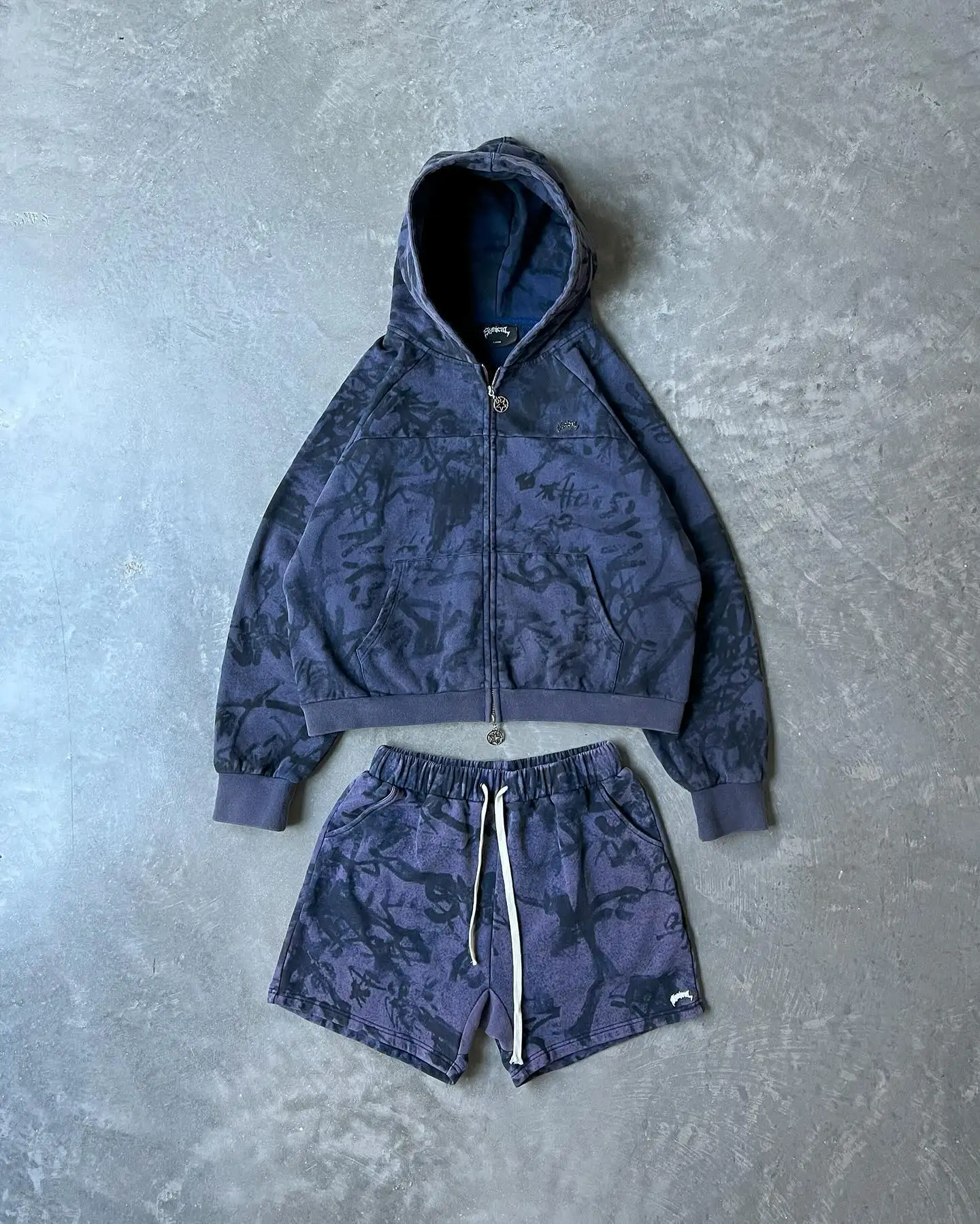 Custom Two Piece Cotton Unisex Sweatsuit Jogger Set Gradient Faded Acid Wash Oversized Tracksuits Hoodie and Shorts Sets for Men gallery 10