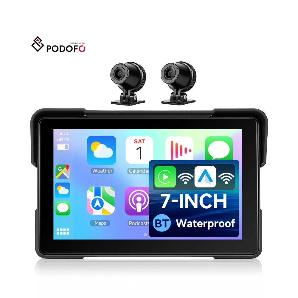 Podofo 7 Inch Motorcycle HD Portable Carplay Screen Wireless Android Auto Navigation Monitor IP67 Waterproof Factory Wholesale A4655