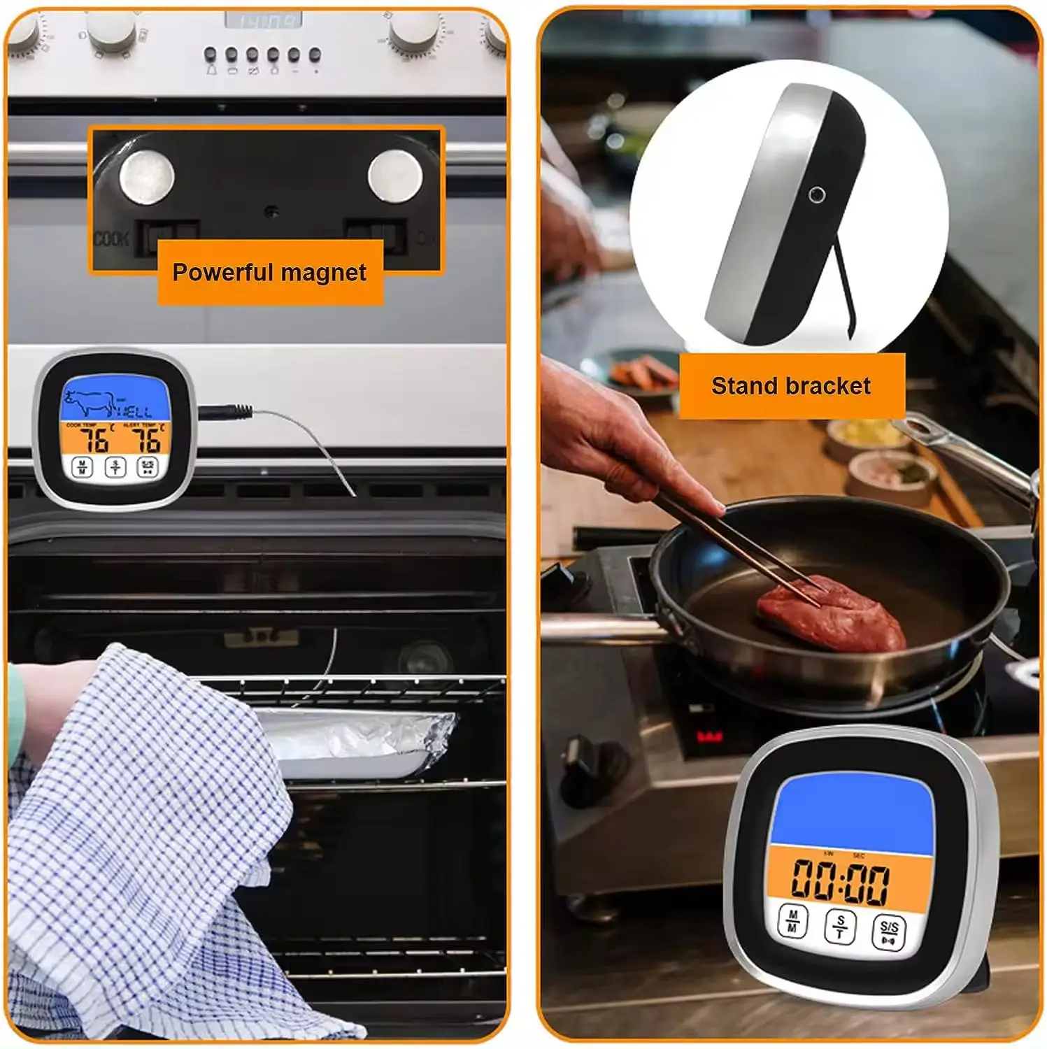 Food Cooking Probe BBQ Thermometer With Touch LED Display and Timer Kitchen Tool for Oven Meat Thermometer