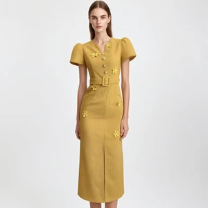 Elegant Yellow Dress, Puff Sleeve V-Neck, Floral Patch and Buckle Belt Design