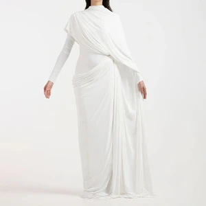 ZYHT 73662 Traditional Abaya Dress Maxi White Asymmetrical Draped Long Sleeve Maxi Modest Dresses for Muslim Women Dresses