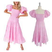 Summer 100% Cotton Sun dresses Small MOQ Sexy Beach Smocked Midi Dress for Women Elegant One Shoulder Maxi Dress