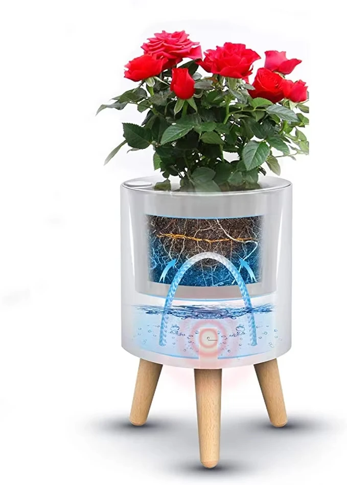 Wire Drawing Wholesale Decorative Round Durable Smart Indoor Garden Self Watering Plant Flower Pots & Planter With Wood Stand