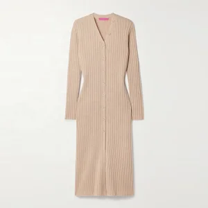 Knitwear Manufacturer Custom Khaki V Neck Long Sleeve Ribbed Knit Elegant Casual Women Sweater Dress