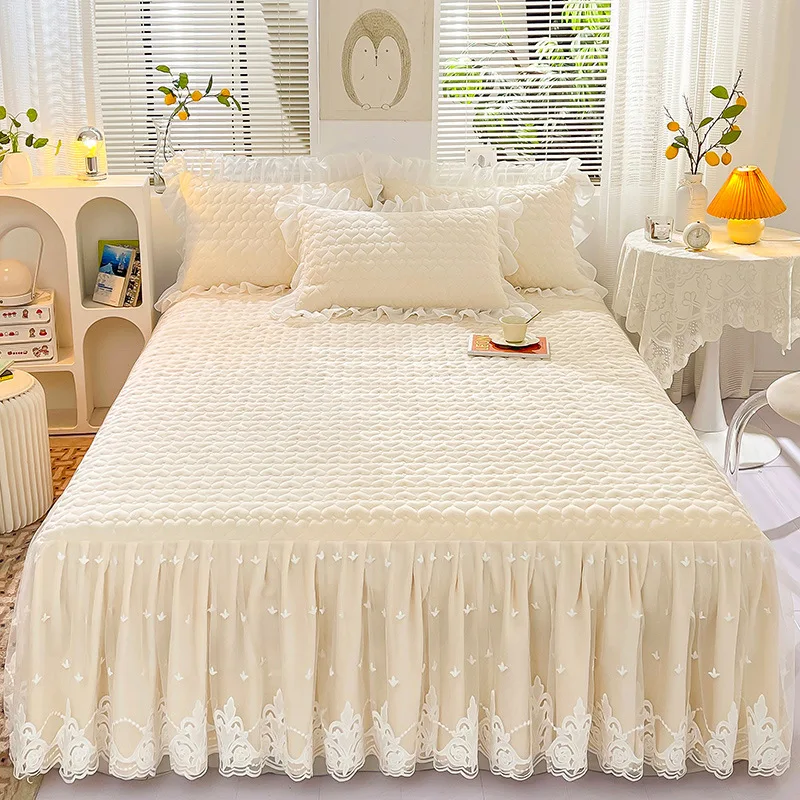 Korean Bed Skirts Set Double Laced Bedspread Home Bed Cover With Pillow