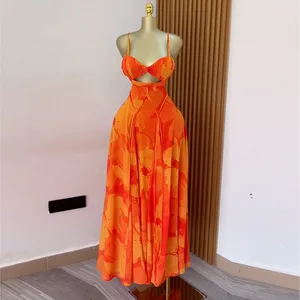 STOCK Print Cut Out Women Dress Smocked Straps Summer Plus Size Maxi Dress Pretty Lady Vestidos S-2XL