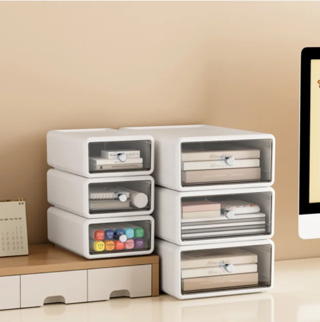 Caixa de Armazenamento com Gavetas Empilháveis Transparente Branca, Suprimentos de Escritório em Plástico, Porta-Arquivos, Organizador de Mesa, Anti-derrapante