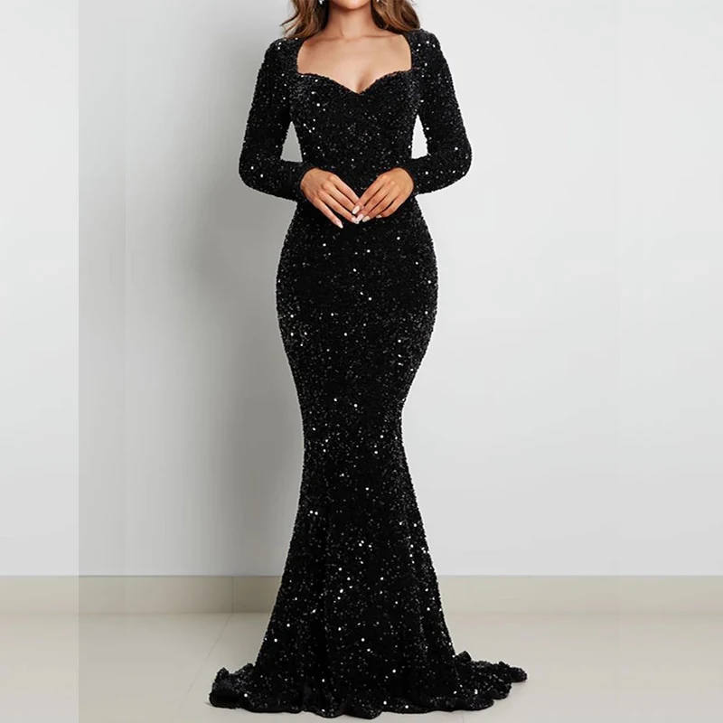 Luxury Black Long Sleeve Evening Gown Sequin Stretchy Velvet V Neck ...