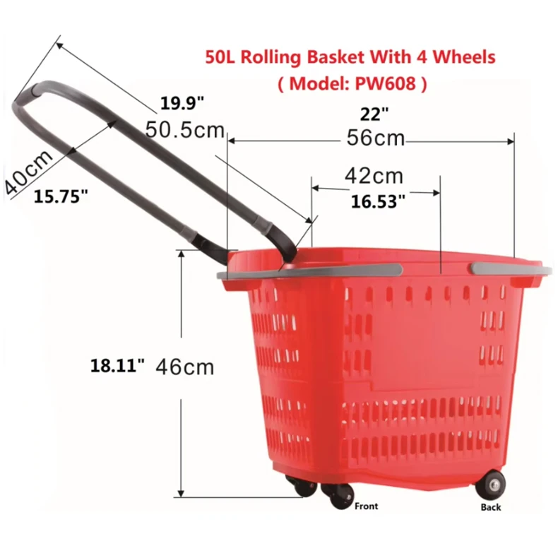 Supermarket 50L Rolling Trolley with Plastic Handle 4 Wheels Shopping Basket Plastic Basket Supermarket Shopping Basket details