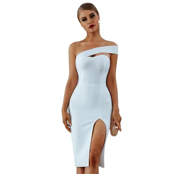 Women Fashion One Shoulder Black Midi Dress Evening Solid Dresses White Bodycon Party Gowns