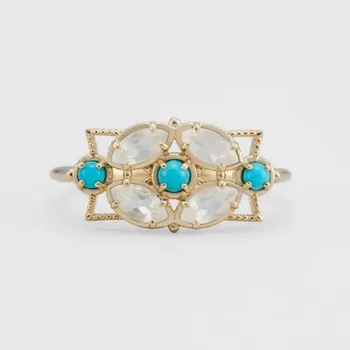 Niche retro hollow geometry design inlaid Opal+Turquoise ringS925Silver plated14KRing
