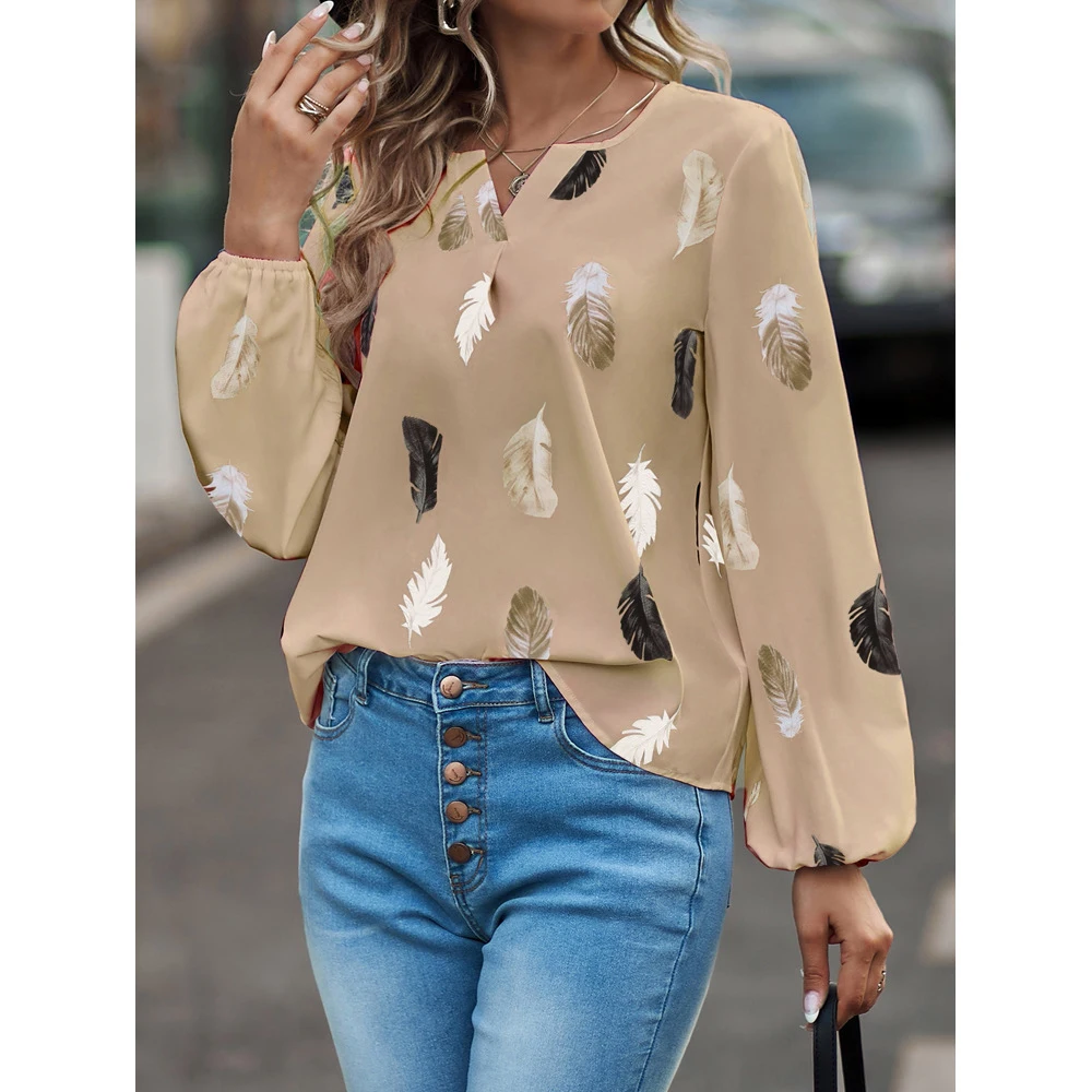 Shop Spring/summer V-Neck Feather Print Bat Sleeve T-shirts