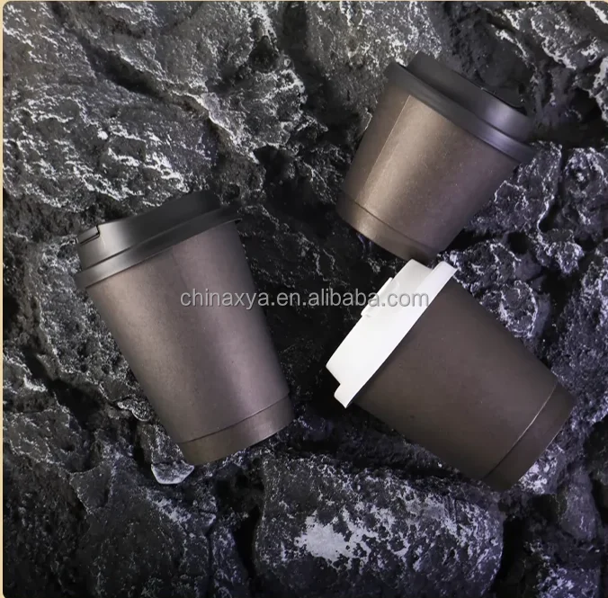 8oz 10oz 12oz disposable double wall gold foil stamping custom logo all black hot coffee paper cup with PS lid manufacture