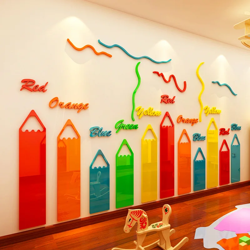 Creative Educational Self Adhesive Big Size 3D Acrylic Wall Sticker with Cartoon Design for Home Decoration Color Recognition
