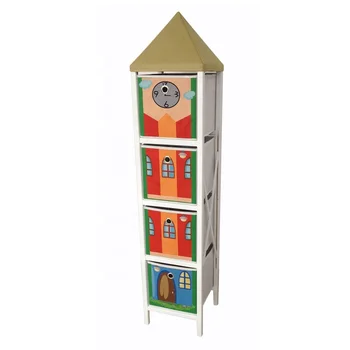 Lovely Foldable Wood Castle Cabinet Kids Storage Tower for Toys Fabric Dresser Storage for Living Room Furniture